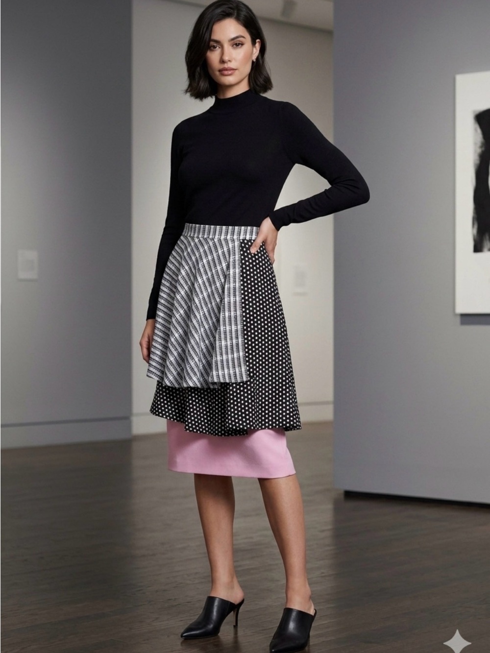 Novis Multi-Layer Pink and Black Mixed-Print Midi Skirt